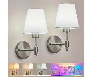 HARPER LIVING Battery Operated Wall Lights Set of 2, Fabric Shade Sconce with Remote & 3CCT 9 RGB Colours Dimmable Rechargeable Bulbs, Wireless Wall Lamps for Bedroom Living Room (Satin Nickel)