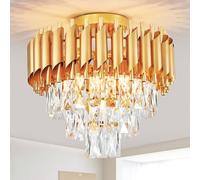 HARPER LIVING Crystal Ceiling Light, Modern Chandelier Lighting with 3 Tiers Crystals, Polished Gold Finish, 5xE14 Semi Flush Ceiling Lamp for Living Room Bedroom Dining Room
