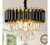 HARPER LIVING Crystal Chandelier, Modern Pendant Ceiling Light with 3-Tier Crystals, Black & Gold Finish, 35-135CM Height Adjustable, 5xE14 Hanging Lamp for Living Room Dining Room Bedroom