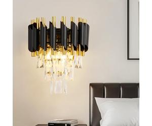 HARPER LIVING Crystal Wall Light, Modern Wall Lamp Indoor with 3 Tiers Crystals, Black & Gold Finish, 2xE14 Luxury Crystal Sconce Light for Living Room Bedroom Hallway Hotel