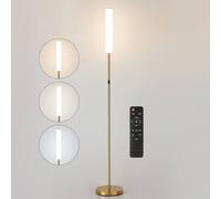 HARPER LIVING Brass LED Floor Lamp with Remote and Touch Control, Modern Floor Standing Lamp for Living Room, Gold Reading Floor Lamps with Cylinder White Shade, Dimmable and 3 Light Colors