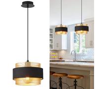 HARPER LIVING Modern Pendant Ceiling Light, Black Fabric & Gold Mesh Metal Shade, 122cm Height Adjustable Hanging Light, 40W E27 Ceiling Lamp for Living Room, Bedroom, Kitchen Island