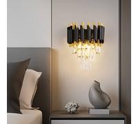 HARPER LIVING Crystal Wall Light, Modern Wall Lamp Indoor with 3 Tiers Crystals, Black & Gold Finish, 2xE14 Luxury Crystal Sconce Light for Living Room Bedroom Hallway Hotel