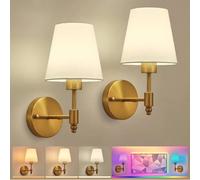 HARPER LIVING Battery Operated Wall Lights Set of 2, Wireless LED Wall Lamps with Fabric Shade & Remote, 3CCT 9 RGB Dimmable Rechargeable Bulbs Sconce Light for Bedroom Living Room Hallway (Brass)