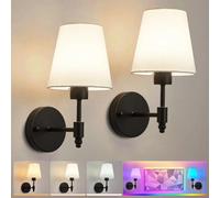 HARPER LIVING Rechargeable Wall Lights Set of 2, 3CCT/9 RGB/Dimmable | Wireless LED Wall Lamps with White Fabric Shade /Remote/Battery Magnetic Bulbs for Bedroom Living Room Hallway, Matt Black
