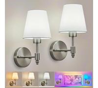 HARPER LIVING Rechargeable Wall Lights Set of 2, Satin Nickel | Cordless LED Wall Lamps with White Fabric Shade for Bedroom Living Room Hallway, 3CCT/9 RGB/Dimmable, Remote & Bulbs Included