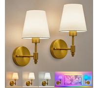 HARPER LIVING Battery Operated Wall Lights Set of 2, Wireless LED Wall Lamps with Fabric Shade & Remote, 3CCT 9 RGB Dimmable Rechargeable Bulbs Sconce Light for Bedroom Living Room Hallway (Brass)