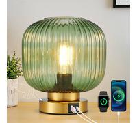Harper Living Table Lamp With Usb-C & Usb-A Charging Ports, Touch Control Dimmable E27 Desk Lamp, Green Glass Shade