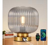 HARPER LIVING Table Lamp with USB-C & USB-A Charging Ports, Touch Control Dimmable Desk Lamp, Smoked Glass Shade & Brass Base Bedside Light for Bedroom Office Study, E27 Socket No Bulb