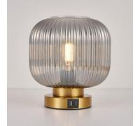 HARPER LIVING Table Lamp with USB-C & USB-A Charging Ports, Touch Control Dimmable Desk Lamp, Smoked Glass Shade & Brass Base Bedside Light for Bedroom Office Study, E27 Socket No Bulb