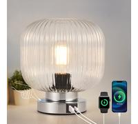 HARPER LIVING Table Lamp with USB-C & USB-A Charging Ports, Touch Control Dimmable E27 Desk Lamp, Clear Glass Shade & Chrome Base Bedside Light for Bedroom Office Study, E27 Socket No Bulb