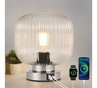 HARPER LIVING Table Lamp with USB-C & USB-A Charging Ports, Touch Control Dimmable E27 Desk Lamp, Clear Glass Shade & Chrome Base Bedside Light for Bedroom Office Study, E27 Socket No Bulb