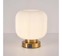 HARPER LIVING Table Lamp with USB-C & USB-A Charging Ports, Touch Control Dimmable E27 Desk Lamp, Cream Glass Shade & Brass Base Bedside Light for Bedroom Office Study, E27 Socket No Bulb