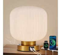 HARPER LIVING Table Lamp with USB-C & USB-A Charging Ports, Touch Control Dimmable E27 Desk Lamp, Cream Glass Shade & Brass Base Bedside Light for Bedroom Office Study, E27 Socket No Bulb