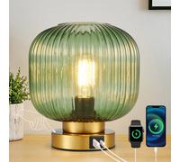 HARPER LIVING Table Lamp with USB-C & USB-A Charging Ports, Touch Control Dimmable Desk Lamp, Green Glass Shade & Brass Base Bedside Light for Bedroom Office Study, E27 Cap Type No Bulb