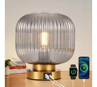 HARPER LIVING Table Lamp with USB-C & USB-A Charging Ports, Touch Control Dimmable Desk Lamp, Smoked Glass Shade & Brass Base Bedside Light for Bedroom Office Study, E27 Socket No Bulb