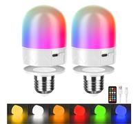 HARPER LIVING USB Rechargeable LED Bulbs with Remote, E27 Screw & Magnetic, Dimmable 9 Colours RGB Light Bulbs, 3000mAh Battery Operated Lamp Bulb, Night Light/ 3 Timers/Memory, Set of 2