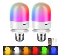 HARPER LIVING USB Rechargeable LED Bulb with Remote, E27 Screw & Magnetic, Dimmable 9 Colours RGB Light Bulbs, 3000mAh Battery Operated Lamp Bulb, Night Light/ 3 Timers/Memory, 2 Pack