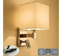 HARPER LIVING 1xE27/ES Wall Light with Adjustable LED Reading Light, Bedsides Sconce Lamp USB & USB-C Charging Ports and 2 On/Off Switches, Polished Chrome Finish, White Fabric Shade (Square Shade)