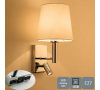 HARPER LIVING Indoor Wall Light with LED Reading Light, Wall Sconce Lights with USB & USB-C, On/Off Switch E27/ES Bedroom Reading Lamp, Polished Chrome Finish, Fabric Square Shade