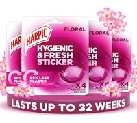 Harpic Hygienic Fresh Sticker Adhesive Toilet Block, Floral, Pack 4 x 4 Stickers, Toilet Freshener, No Plastic Applicator, Up to 32 Weeks of Freshness