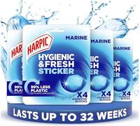 Harpic Hygienic Fresh Sticker Adhesive Toilet Block, Marine, Pack 4 x 4 Stickers, Toilet Freshener, No Plastic Applicator, Up to 32 weeks of Freshness