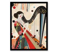 Harpist Playing Harp Music Colourful Geometric Framed Art Print Artery8 Multi W12 inch x H16 inch