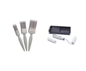 Harris Essentials Walls & Ceilings Paint Brushes, 3 Brush Pack, 1", 1.5", 2",Grey & 102022002 Seriously Good Woodwork Mini Roller Set 4in | Kit Includes: Tray, 1 x Roller Frame