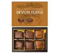 Harris & James Devon Fudge 6 Piece Gift Box. Handmade Luxury Fudge - Barista, Madagascan Vanilla and Salted Caramel. Enrobed In Our Bean To Bar Chocolate.