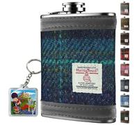 Harris Tweed 6oz Stainless Steel Hip Flask for Men | Gift Box for Men | for Whiskey Rum | Grooms | Christmas, Wedding, Camping (Blue with Turquoise Overcheck)