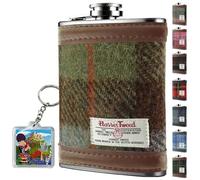 Harris Tweed 6oz Stainless Steel Hip Flask Gift Set - MacLeod Tartan - Dark Green and Plum Check Gift Set for Men - for Whiskey Rum Grooms Best Usher Wedding Camping - HF2100