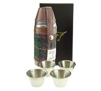 Harris Tweed 8oz Hip Flask with 4 Cups Gift Set - Dark Green & Plum Check - Handwoven Scottish Wool - Neat Gift Box - Wedding Whiskey Rum Usher Grooms Camping