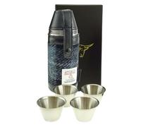 Harris Tweed 8oz Hip Flask with 4 Cups Gift Set - Grey/Black Tartan - Handwoven Scottish Wool - Neat Gift Box - Wedding Whiskey Rum Usher Grooms Camping