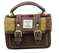 Harris Tweed Baby Satchel Bag DPX-07 in Classic Brown | Authentic Handwoven Scottish Wool Mini Crossbody & Shoulder Bag Premium Leather Trim | Compact Heritage Satchel for Daily Use, Travel & Gifting