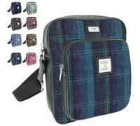 Harris Tweed Blue with Turquoise Overcheck Tartan Travel Bag - Authentic Gents Handmade Wool Bag with Adjustable Strap and Zip Closure. Stylish and Practical Men's Accessory.