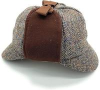 Harris Tweed Deerstalker Hat with Moleskin Trim, Traditional British Style, Handmade in United Kingdom (UK, Alpha, L, Brown Herringbone)