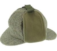 Harris Tweed Deerstalker Hat with Moleskin Trim, Traditional British Style, Handmade in United Kingdom (UK, Alpha, S, Green Herringbone)