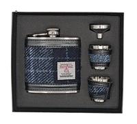 Harris Tweed Hip Flask 6oz Set in Grey and Black Tartan