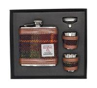 Harris Tweed Hip Flask 6oz Set in Rust Check Tartan