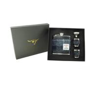 Harris Tweed Hip Flask Gift Set, 6oz, Handwoven Scottish Tweed, with Funnel and 2 Cups, in Presentation Box (Grey/Black Tartan)