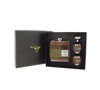 Harris Tweed Hip Flask Gift Set, 6oz, Handwoven Scottish Tweed, with Funnel and 2 Cups, in Presentation Box (MacLeod Tartan)