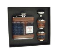 Harris Tweed Hip Flask Gift Set, 6oz, Handwoven Scottish Tweed, with Funnel and 2 Cups, in Presentation Box (Grey with Rust Overcheck)