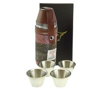 Harris Tweed Hunting Flask - 8oz Black Tartan Hunting Hip Flask with 4 Cups - HF3500 (Green & Rose Pink Tartan)