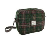 Harris Tweed Ladies Crossbody Mini Bag, Square Shape, Hand Woven Scottish Wool, Traditional Style (Dark Green and Plum Check)