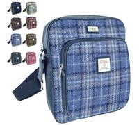 Harris Tweed Light Blue Check Tartan Travel Bag - Authentic Gents Handmade Wool Bag with Adjustable Strap and Zip Closure. Scottish Traditional accessory for Men.