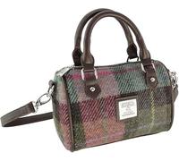 Harris Tweed Mini Bowling Bag, Hand Woven Scottish Wool, Detachable Shoulder Strap, Carry Handles (Muted Green & Purple Tartan)