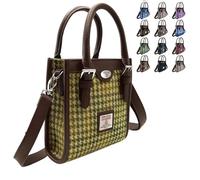 Harris Tweed Mini Tote Handbag - Authentic Scottish Wool, Stylish Plaid Design, Detachable Strap - Travel, College, Shopping & Everyday Use - Multi colour check Tartan (ellow, Green & Brown Dogtooth)
