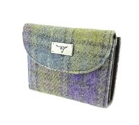 Harris Tweed Short Wallet - Muted Lilac/Lime Green Tartan - Ladies Purse with Zipper Closure - Compact and Stylish!