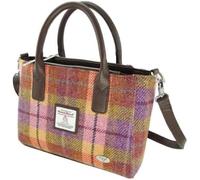 Harris Tweed Small Tote Bag, Authentic Scottish Woven, Multiple Colours,Adjustable detachable Shoulder Strap (Peach and Purple Tartan)