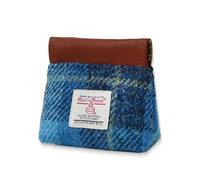 Harris Tweed Squeeze Coin Purse Wool Earbud Pouch for Women and Men Lipstick or USB Drive Holder Small Accessory Travel Pocket Bag, Blue Tartan, Scottish Tartan